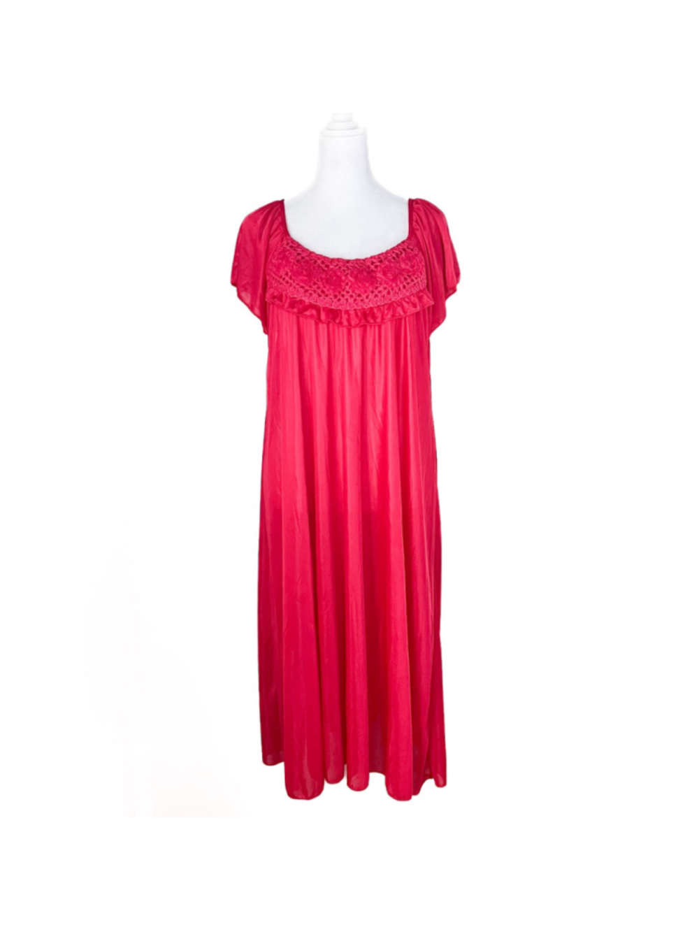 VTG EZI Pink Flutter Sleeve Lace Rosette Bodice Nightgown Negligee Sz L Coquette
